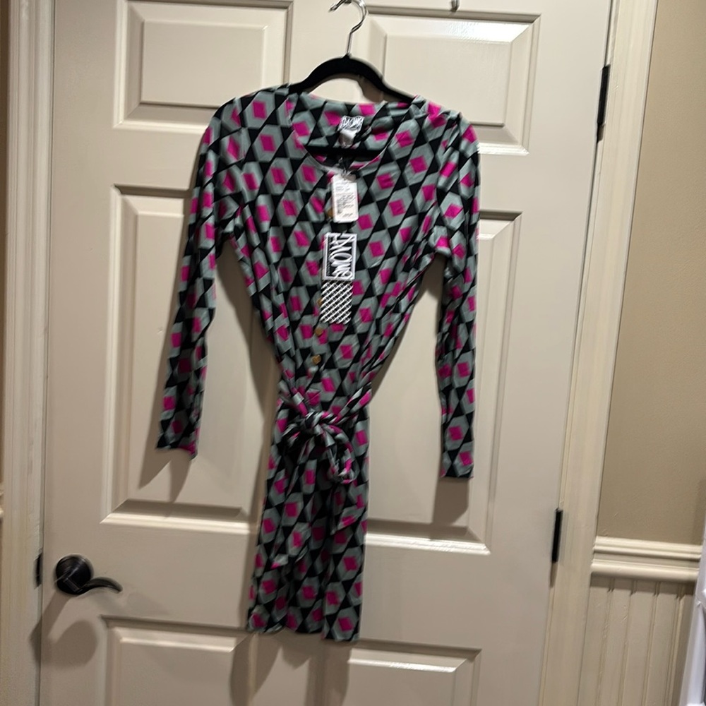 Diane von Furstenberg 100% Silk Dress Sz 10 Belted Geometric Print Retro(e33)